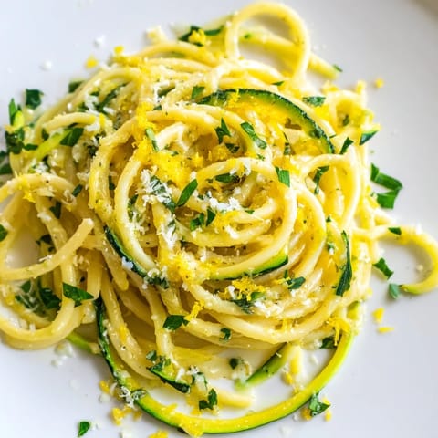 Fresh spiralized zucchini noodles tossed with spaghetti in a bright lemon butter sauce, ready to serve for dinner.  