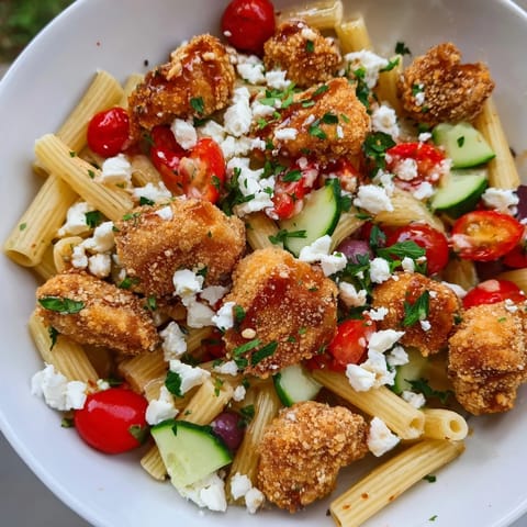 Golden, crispy chicken pieces served over fusilli pasta tossed with a zesty Greek salad and fresh parsley.