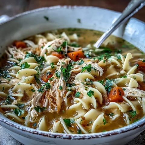 A close-up of Instant Pot Chicken Noodle Soup with tender shredded chicken, carrots, and egg noodles in a savory broth.