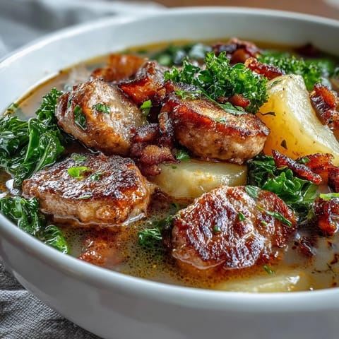 Creamy Italian Sausage Soup served in a bowl, topped with crispy bacon bits and a rustic spoon.