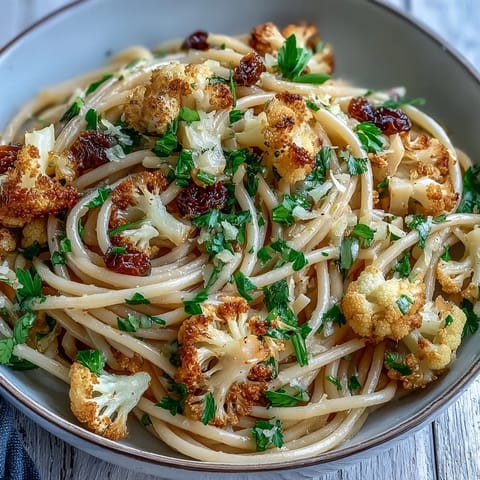 Golden brown roasted cauliflower florets combined with savory anchovy fillets and sweet raisins in a pasta dish.
