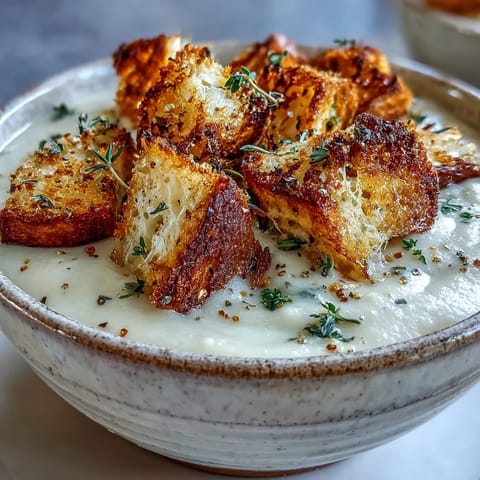 Cauliflower and Broccoli Soup served hot in a rustic bowl, garnished with fresh thyme and a splash of cream.