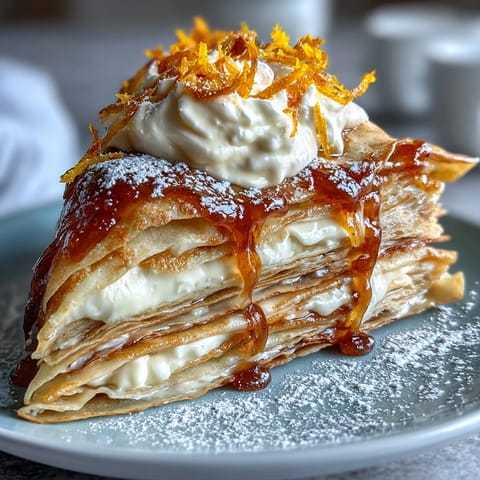 A plated slice of Blood Orange Curd Crêpe Cake features fresh blood orange slices and a dusting of powdered sugar.