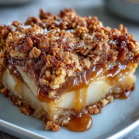 A close-up view of warm Pear Crumble highlights the thick, crunchy crumble topping over soft, cinnamon-spiced pears in a baking dish.