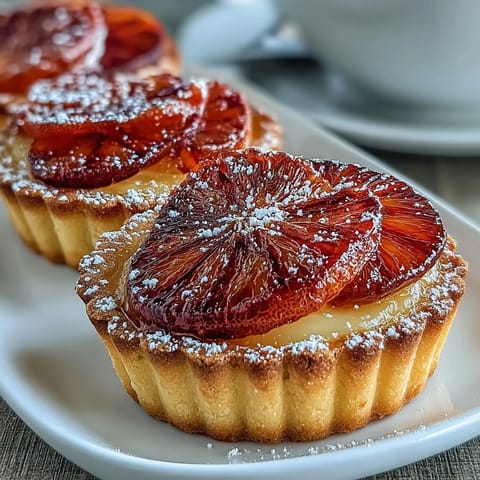 Glistening Blood Orange Tarts arranged on a marble counter, showcasing glossy orange rounds and creamy filling perfect for a dessert spread.