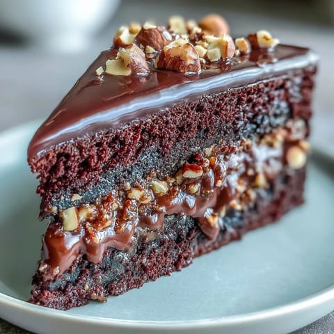 Layers of Chocolate Celebration Cake are frosted with rich ganache and topped with sparkling hazelnut praline shards for a festive presentation.