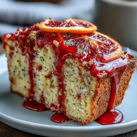 Freshly baked Blood Orange Loaf Cake with Poppy Seeds and Marzipan shows poppy speckles and marzipan swirls beside whole blood oranges.