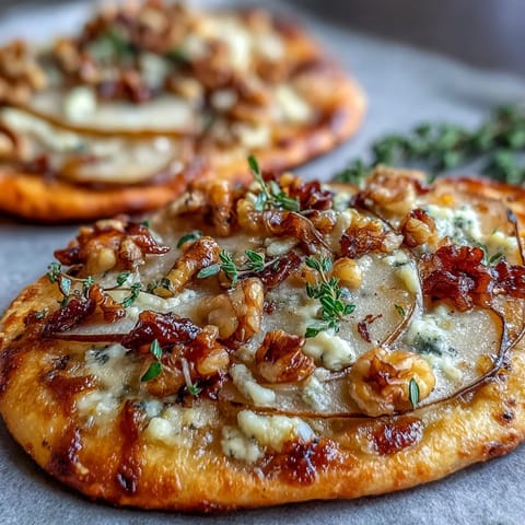 Golden mini pizzas with sliced pears, crumbled Gorgonzola, and pickled walnuts arranged on a white platter for sharing.