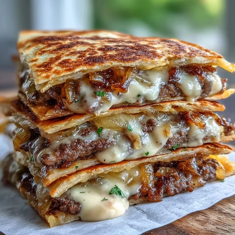 The finished Cheesy Griddled Smashburger Quesadillas are sliced into wedges, revealing layers of smashburger patties and rich sauce, served alongside pickles and fresh cilantro.