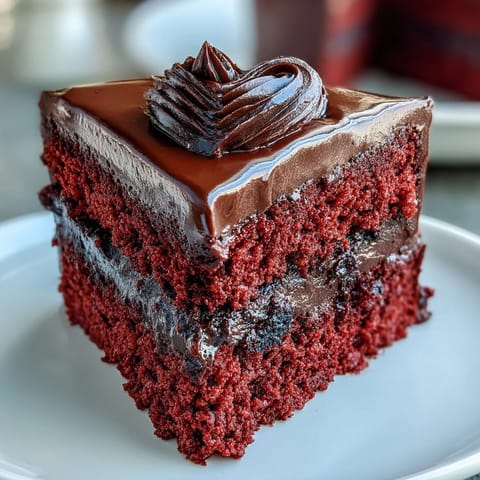 A slice of Red Betty Boop Heart Cake reveals velvety cream cheese frosting and a soft, vibrant red crumb.