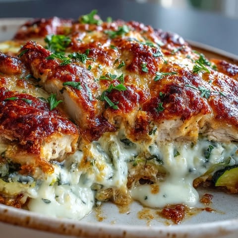 The High Protein Chicken Zucchini Bake reveals creamy layers of tender chicken and crisp zucchini slices in a white ceramic dish.