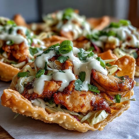 A serving of Crispy Chicken Wonton Tacos garnished with cilantro and lime wedges on a rustic plate.
