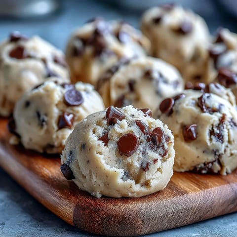 Scoops of Greek Yogurt Cookie Dough on a chilled plate, featuring creamy texture and mini chocolate chips, ready to enjoy.
