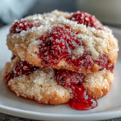 Warm Soft Chewy Raspberry Sugar Cookies on a cooling rack, tender texture with jammy raspberry pieces.