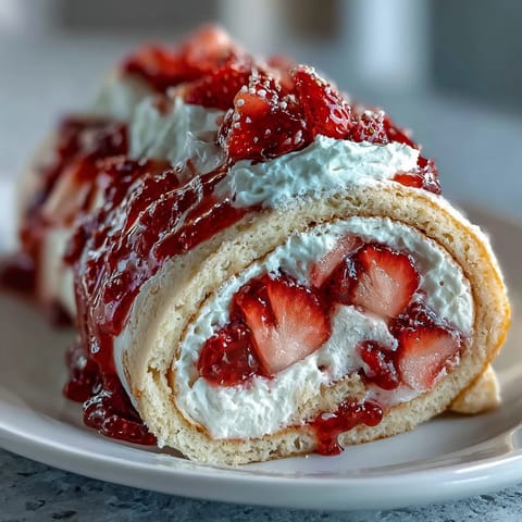 A plated Strawberry Shortcake Sushi Roll cut into pinwheels, drizzled with white chocolate and garnished with fresh mint.