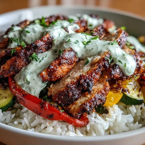 A Blackened Chicken Bowl garnished with cilantro and lime wedges, drizzled with creamy zesty lime crema for a fresh finish.