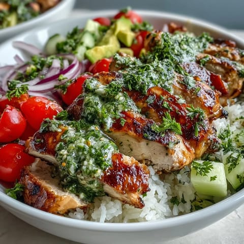 Golden grilled chicken slices with chimichurri sauce over fluffy rice with avocado and tomatoes.