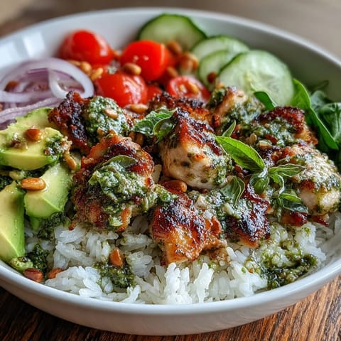 Bright, colorful Pesto Chicken Bowl with tender pesto-marinated chicken, fluffy rice, cherry tomatoes, avocado, and fresh basil garnish.