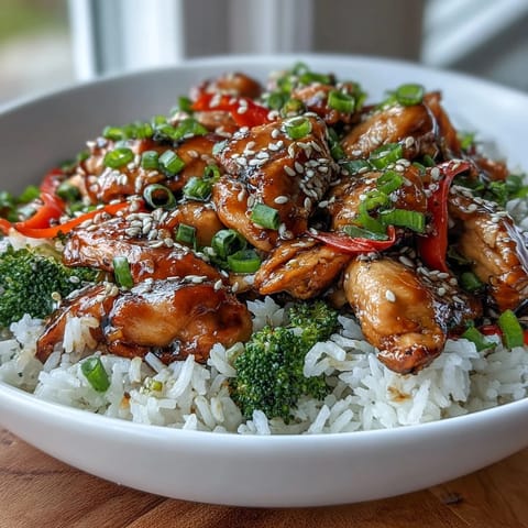 Flavorful Honey Garlic Chicken Bowl featuring juicy chicken, sautéed vegetables, and a drizzle of sesame oil.
