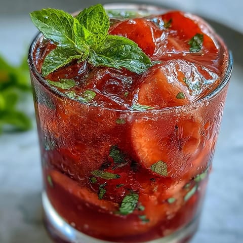 Refreshing Guava Nectar Drink poured over a glass full of ice, garnished with a lime wedge and fresh mint.