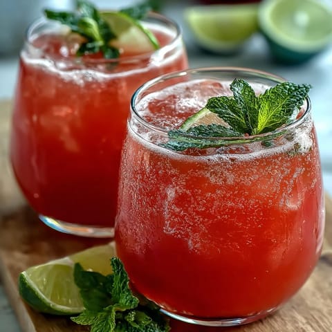 Two tall glasses of Guava Juice With Sparkling Water sit over ice, garnished with fresh mint for a crisp, tropical sip.