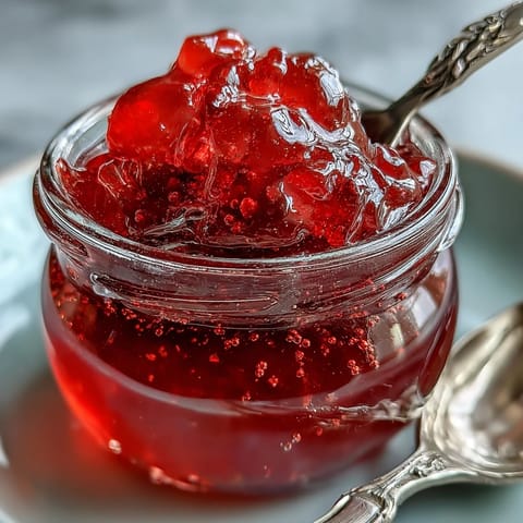 A freshly poured, jewel-toned guava jelly glistens in a clear glass jar, capturing the light with its vibrant pinkish-orange hue. The smooth, glossy surface hints at its sweet, tropical flavor, perfect for spreading on warm toast or filling delicate pastries.