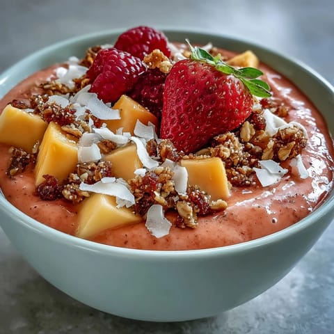 Creamy, vibrant Guava and Mango Smoothie Bowl topped with crunchy granola, fresh berries, and coconut flakes for a tropical breakfast.