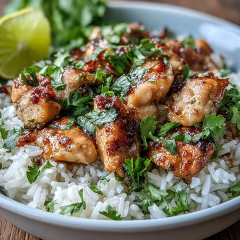 Tender coconut chicken rice bowl topped with green onions and lime wedges on a rustic table.