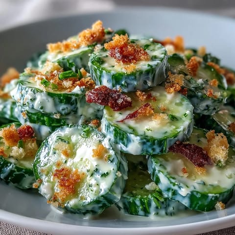 Freshly sliced cucumbers tossed in creamy Caesar dressing, topped with crunchy croutons and grated Parmesan cheese.