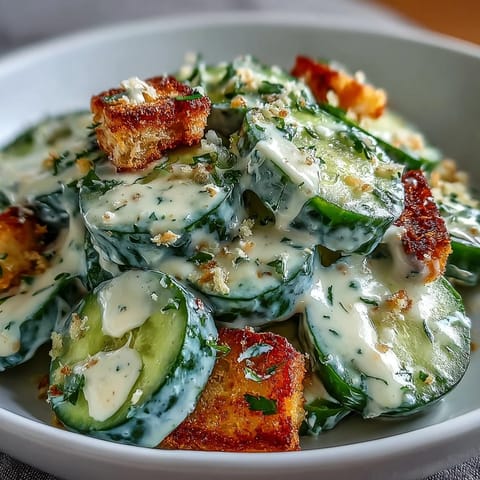 Chilled cucumber Caesar salad served in a white bowl, garnished with herbs and a lemon wedge on the side.