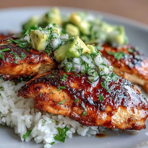 Grilled honey-lime chicken slices layered over fluffy jasmine rice and topped with creamy avocado-cilantro salsa on a plate.