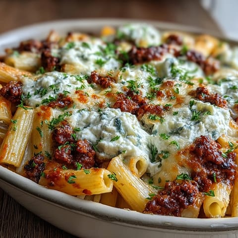 Spoonful of creamy Cottage Cheese Protein Pasta Bake with Ground Beef lifted from a white baking dish, revealing layers of pasta and meat sauce. 