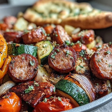 Smoky Sheet Pan Sausage & Veggies are served hot with charred peppers and onions beside warm, buttery naan bread.