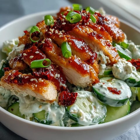 Sliced marinated chicken breast glistening over crisp cucumbers, drizzled with spicy chili crisp and garnished with cilantro and sesame seeds.