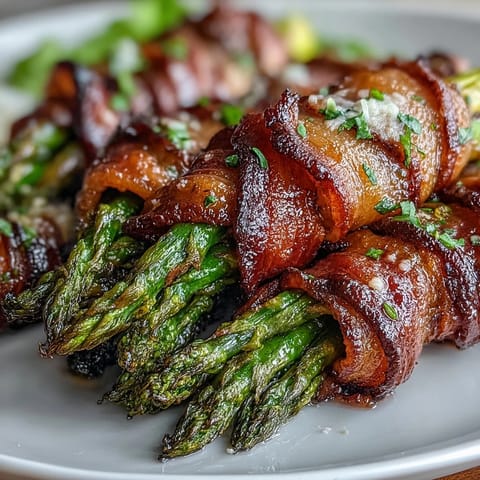 Fresh green asparagus spears bundled in smoky bacon, topped with melted Parmesan, perfect for a keto appetizer platter.
