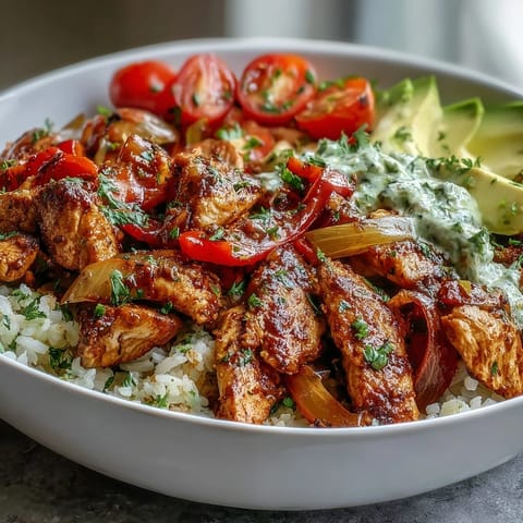 Freshly assembled Skinny Chicken Fajita Meal Prep Bowls with Cilantro-Lime Rice topped with sliced avocado and halved cherry tomatoes.