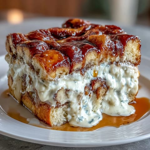 Freshly baked Cream Cheese Swirl Cinnamon Roll French Toast Bake emerges from the oven golden brown with a bubbling, creamy cheese swirl and rich cinnamon sugar crust ready for brunch.