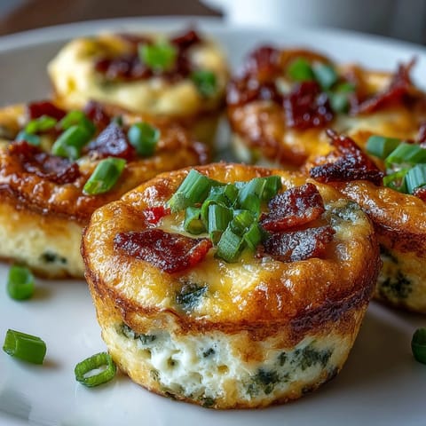 Golden-brown Keto Jalapeño Cheddar Egg Cups rest on a white plate, speckled with green peppers and melty cheese.