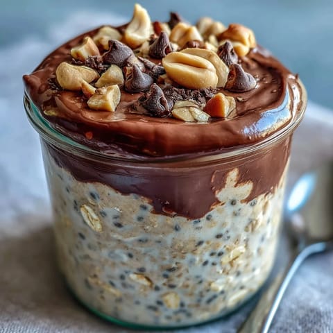 Two jars of Peanut Butter Cup Overnight Oats show creamy oats and rich chocolate ganache layers. 