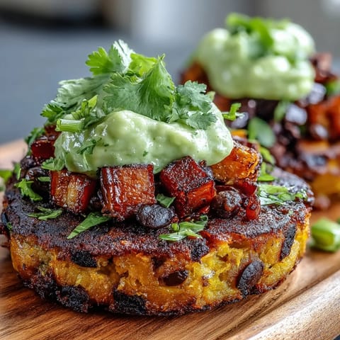 Golden-brown Vegan Sweet Potato Black Bean Burgers with Avocado Lime Sauce drizzled on top, garnished with fresh cilantro. Served on a toasted bun with lettuce and tomato slices.