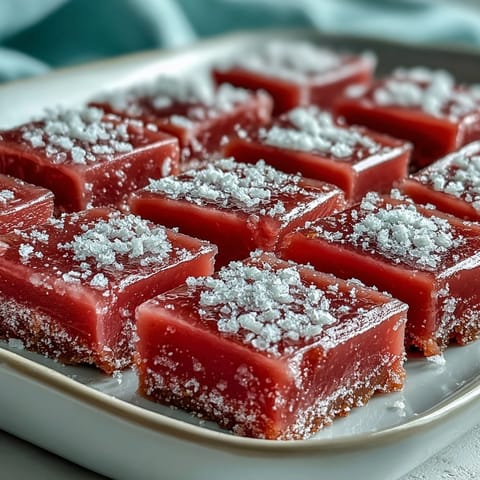 A vibrant, jewel-toned guava cheese confection with a delicate tang, cut into perfect squares and dusted with superfine sugar.  