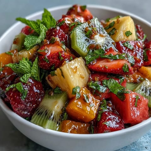 Tropical fruit salad with mint lime dressing, featuring juicy pineapple, mango, and papaya in a zesty citrus glaze.