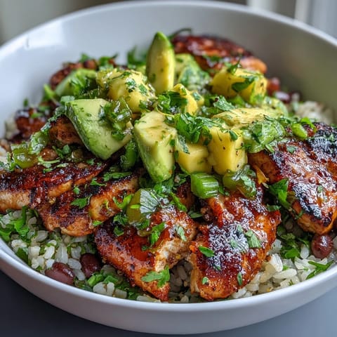 Hearty Mango Avocado Salsa Chicken Bowl featuring tender grilled chicken, wholesome brown rice, and zesty mango avocado salsa.  