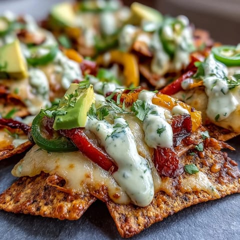 Crispy tortilla chips piled high with roasted bell peppers, zucchini, and corn, drizzled with tangy salsa verde and creamy cashew queso.
