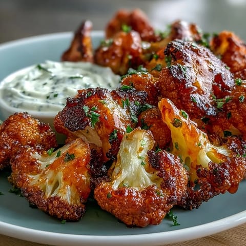 Golden-brown keto buffalo cauliflower bites paired with creamy, herb-packed yogurt ranch dip—perfect for game day snacking.  