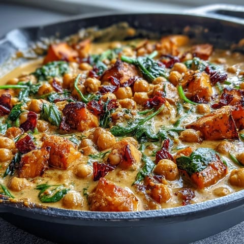 Creamy Coconut Curry Chickpea Skillet with Spinach and Sweet Potato: a vibrant one-pan vegan dinner packed with tender sweet potatoes, protein-rich chickpeas, and fresh spinach in a fragrant coconut curry sauce.