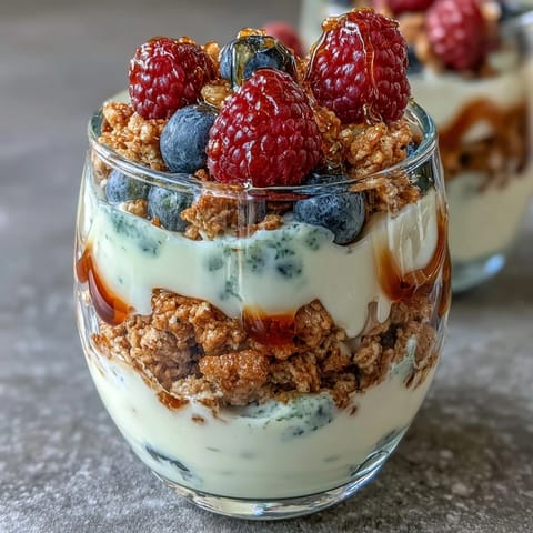 Creamy Greek yogurt and juicy mixed berries topped with golden granola crumble, offering a refreshing and nutritious start to your day.