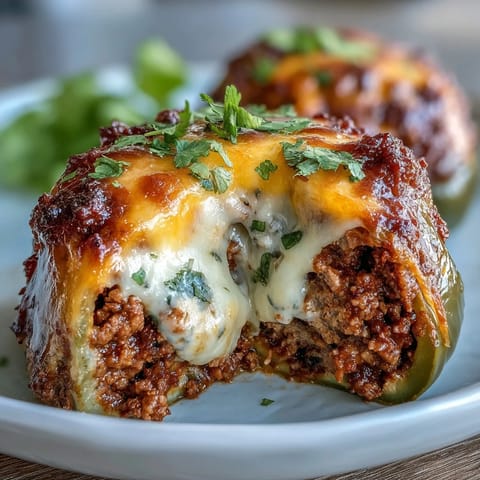 Vibrant bell peppers packed with savory taco-seasoned beef and topped with gooey cheddar cheese, baked until golden.  