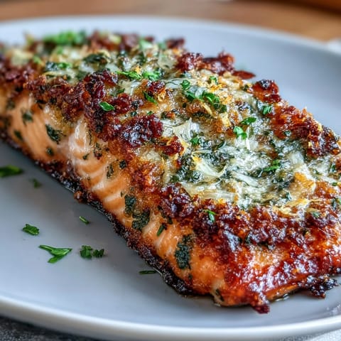 Oven-baked keto garlic Parmesan salmon with roasted broccoli and lemon wedges, topped with savory garlic-herb crust and bright citrus garnish.