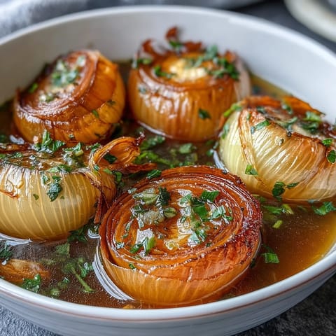 A steaming bowl of tender onion boil ASMR with fragrant broth, garnished with fresh parsley and chives.  